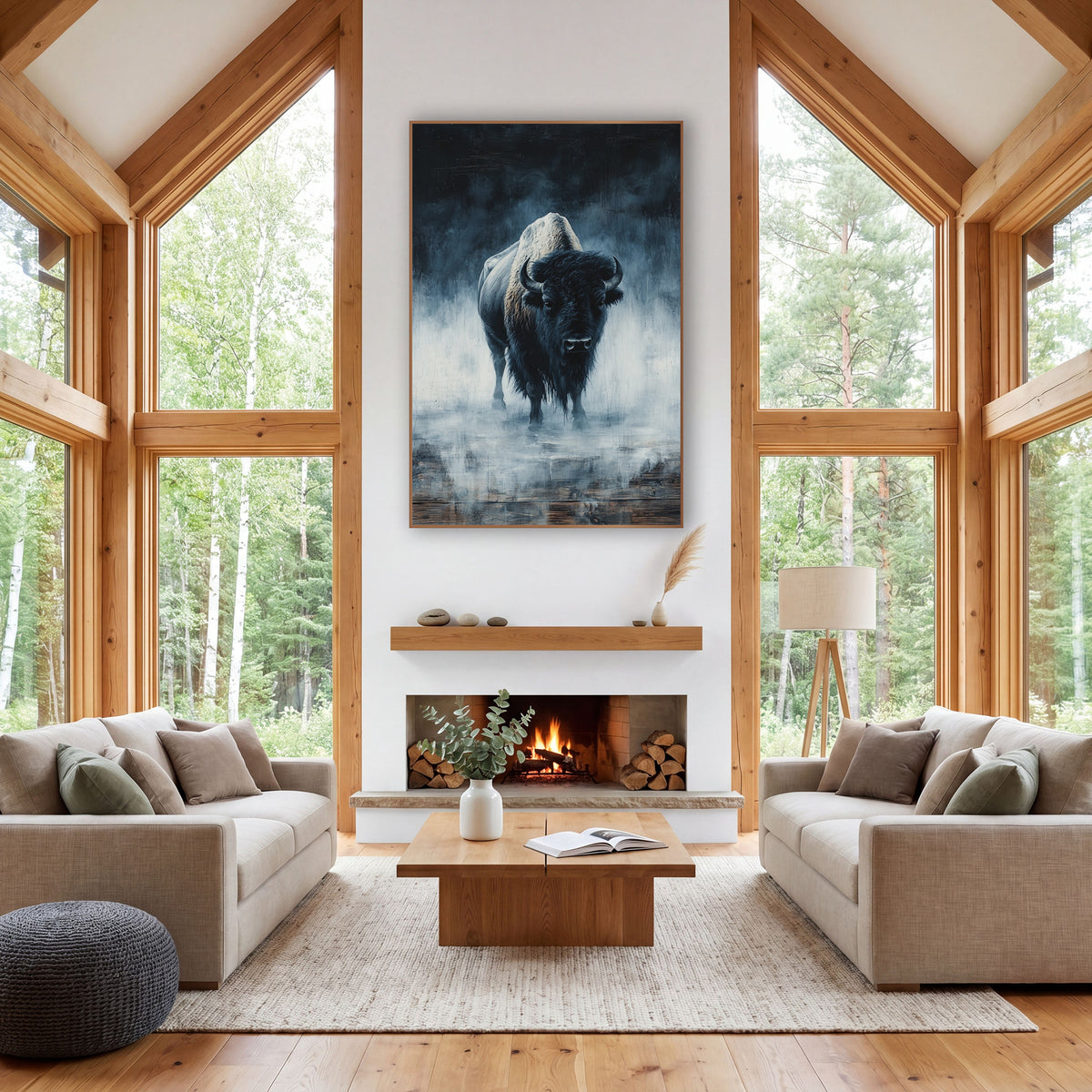 Foggy Bison Moody Western wall art in a rustic western-style room – lone bison with curved horns standing in blue-gray