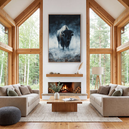 Foggy Bison Moody Western wall art in a rustic western-style room – lone bison with curved horns standing in blue-gray