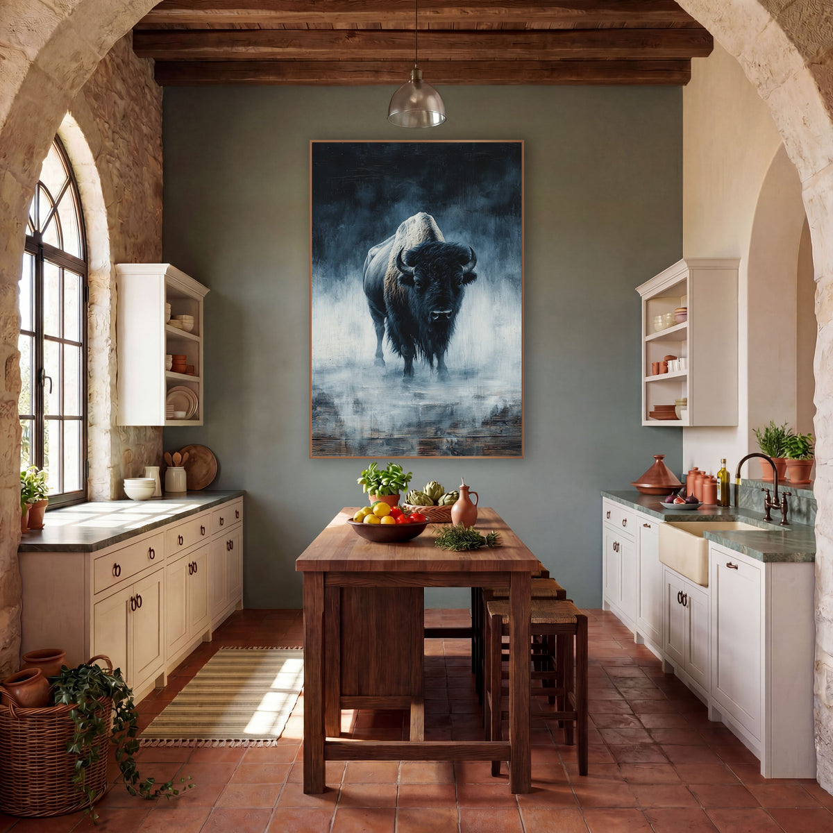 Foggy Bison Moody Western wall art in a rustic western-style room – lone bison with curved horns standing in blue-gray
