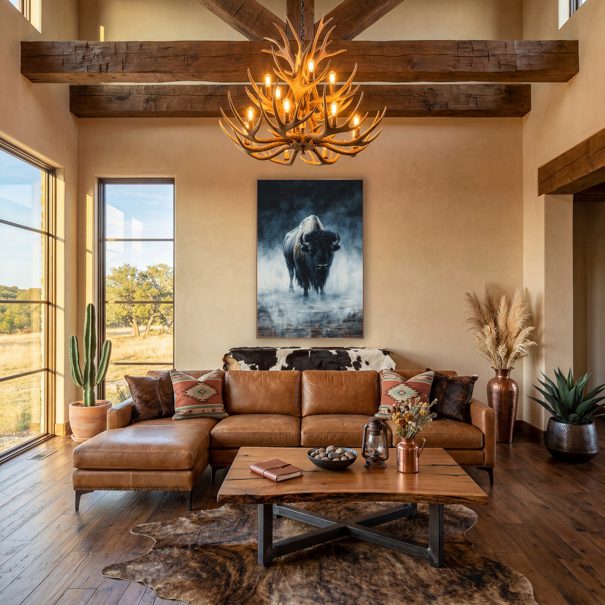 Foggy Bison Moody Western wall art in a rustic western-style room – lone bison with curved horns standing in blue-gray