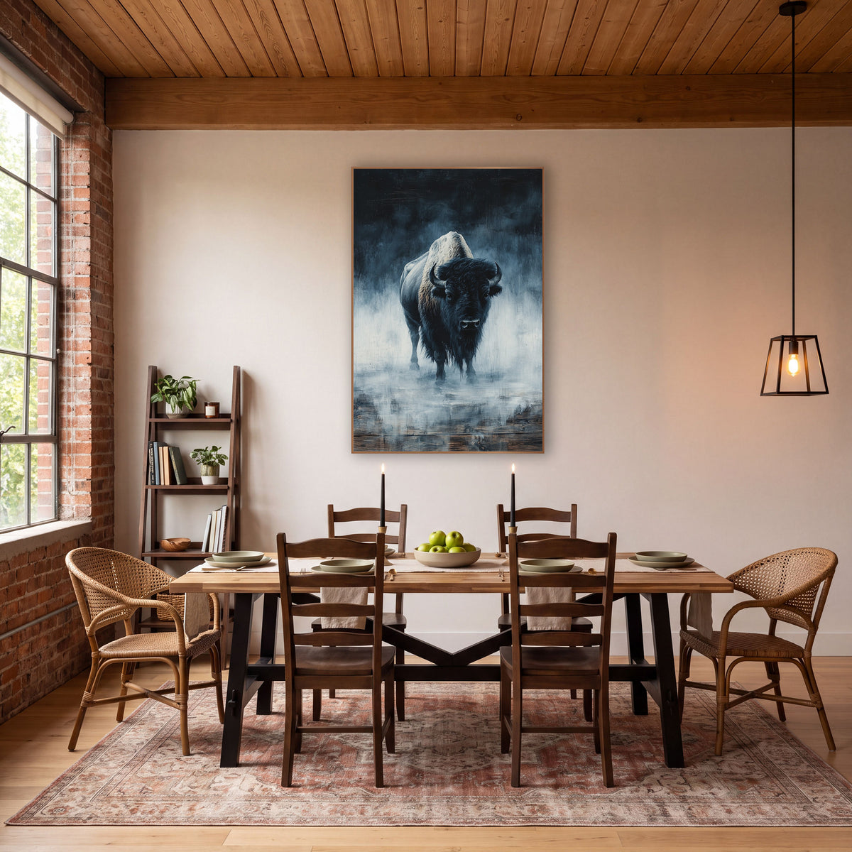 Foggy Bison Moody Western wall art in a rustic western-style room – lone bison with curved horns standing in blue-gray