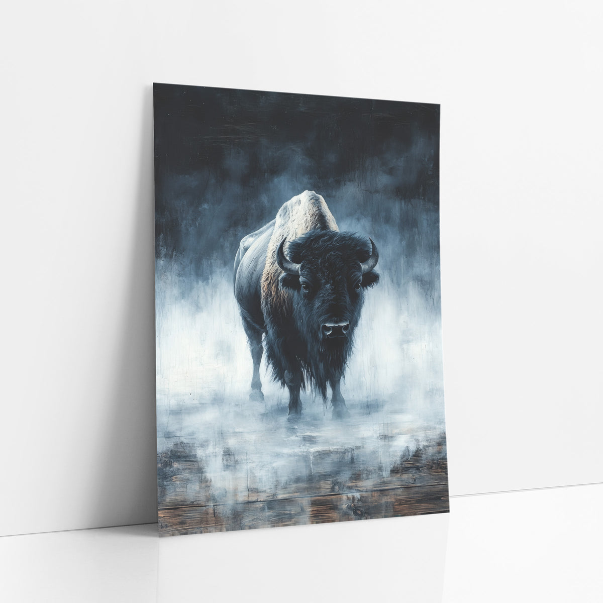 Foggy Bison Moody Western art print leaning against a white wall – lone bison with curved horns standing in blue-gray fog