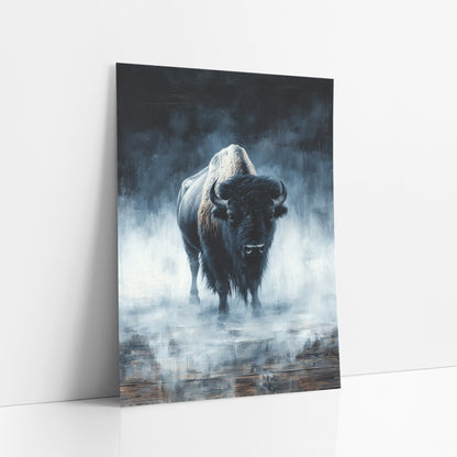 Foggy Bison Moody Western art print leaning against a white wall – lone bison with curved horns standing in blue-gray fog