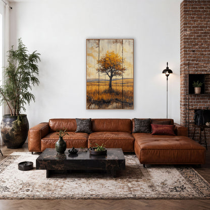 Lone Golden Tree Prairie Landscape wall art in a rustic western-style room – lone tree with golden-orange leaves