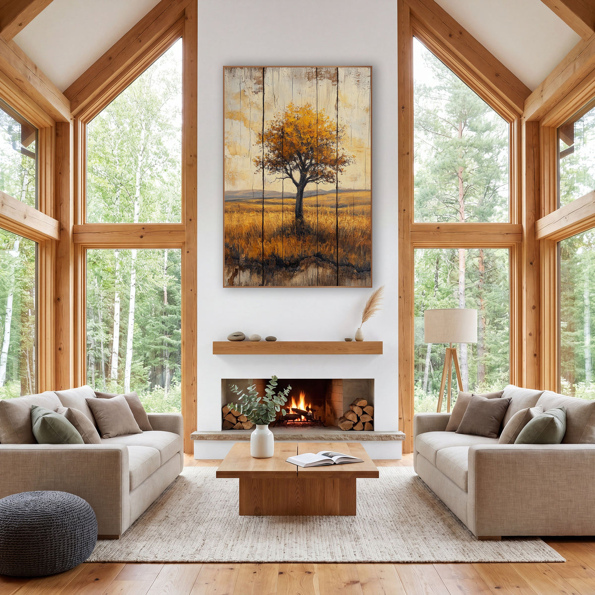 Lone Golden Tree Prairie Landscape wall art in a rustic western-style room – lone tree with golden-orange leaves