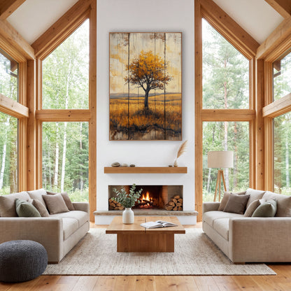 Lone Golden Tree Prairie Landscape wall art in a rustic western-style room – lone tree with golden-orange leaves