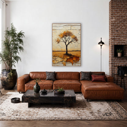 Lone Prairie Tree Rustic Western wall art in a rustic western-style room – lone tree with amber and rust leaves
