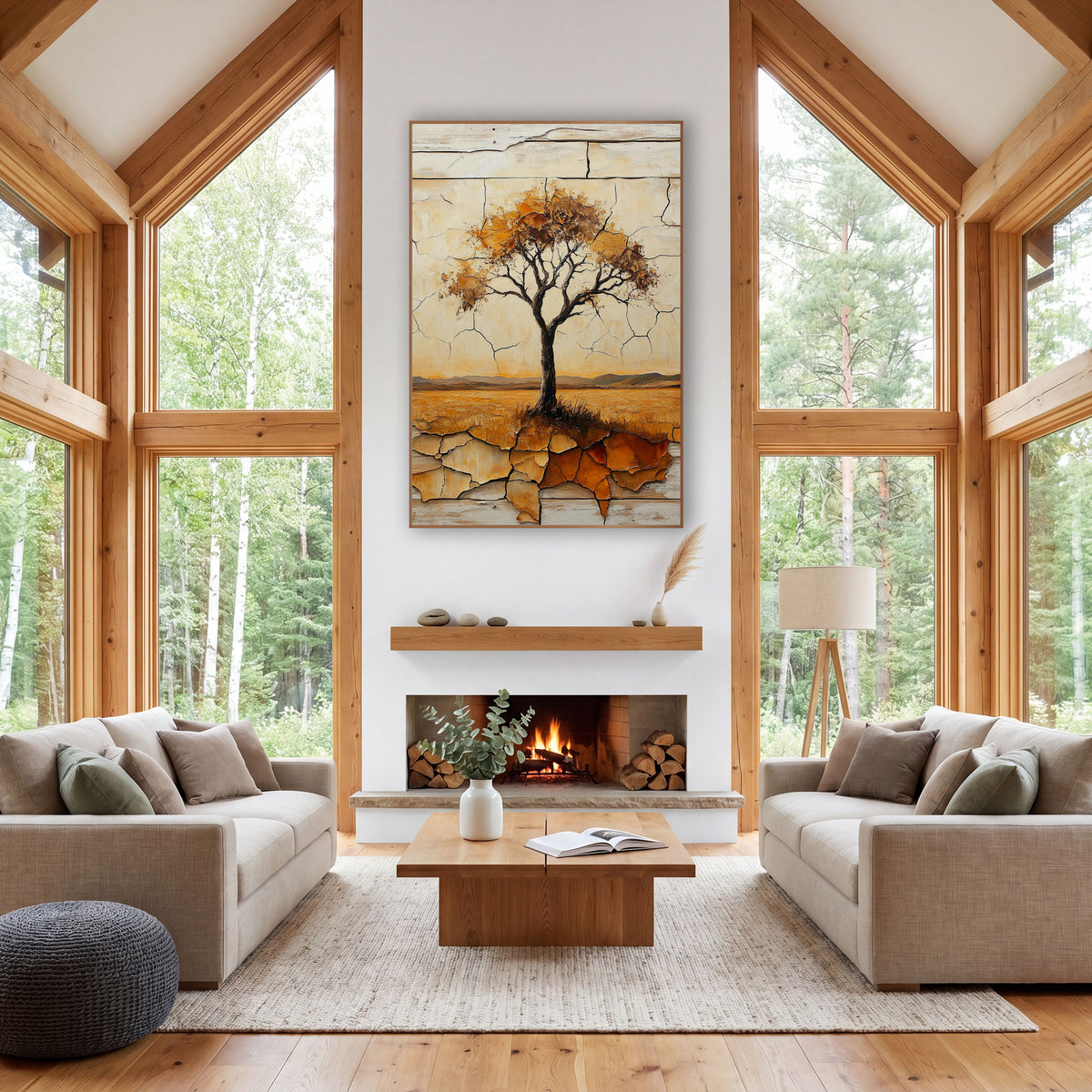 Lone Prairie Tree Rustic Western wall art in a rustic western-style room – lone tree with amber and rust leaves