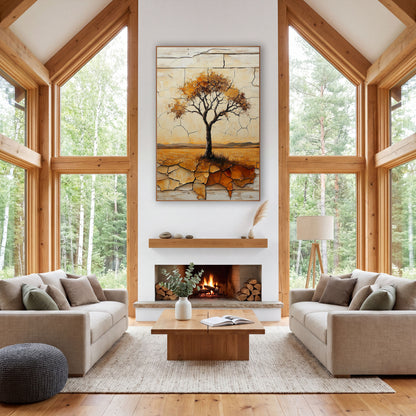 Lone Prairie Tree Rustic Western wall art in a rustic western-style room – lone tree with amber and rust leaves