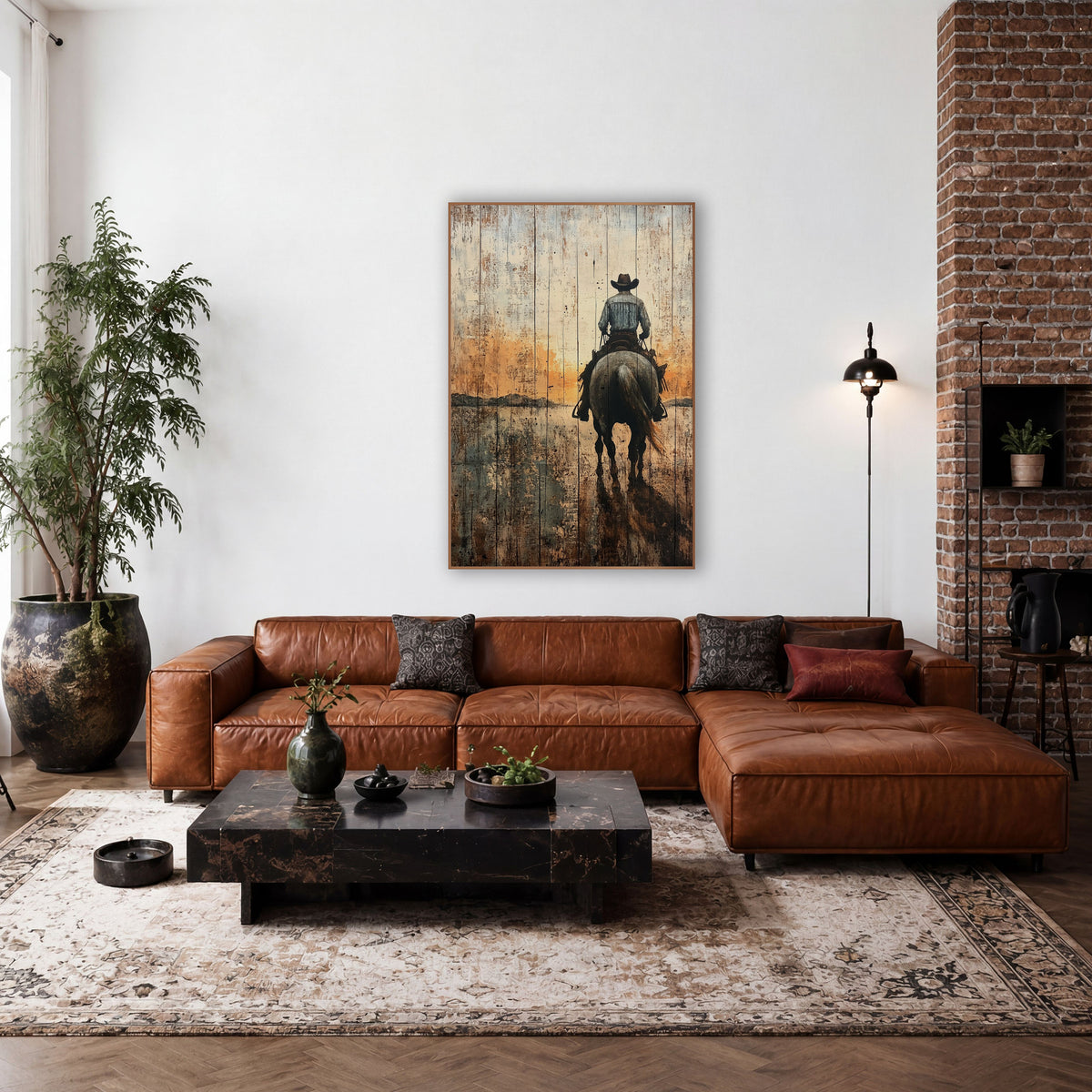 Lone Cowboy Horseback Western Sunset wall art in a rustic western-style room – cowboy in a brown hat riding a gray