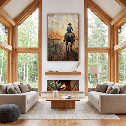 Lone Cowboy Horseback Western Sunset wall art in a rustic western-style room – cowboy in a brown hat riding a gray