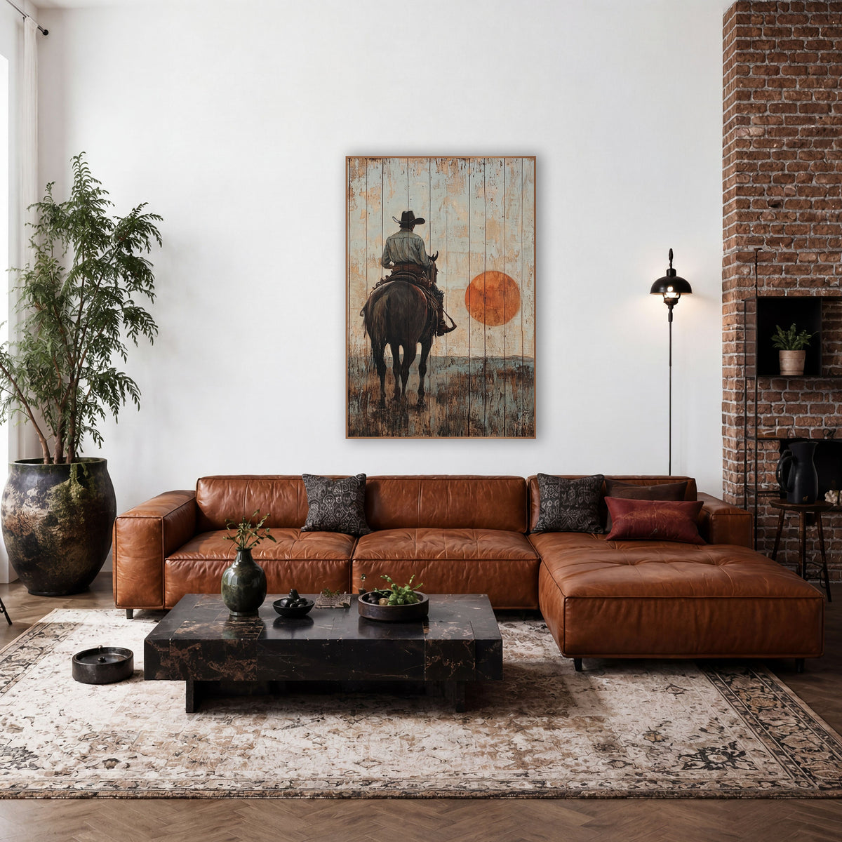 Cowboy Beneath Orange Sun Rustic wall art in a rustic western-style room – cowboy in a wide-brim hat on a dark horse