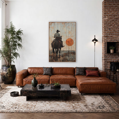 Cowboy Beneath Orange Sun Rustic wall art in a rustic western-style room – cowboy in a wide-brim hat on a dark horse