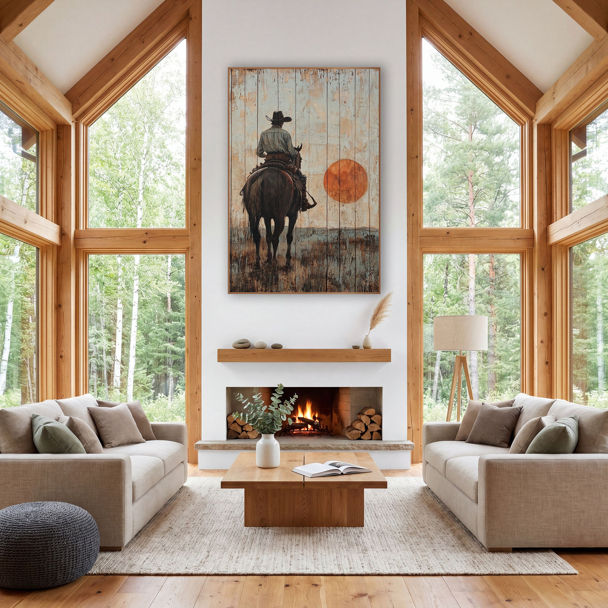 Cowboy Beneath Orange Sun Rustic wall art in a rustic western-style room – cowboy in a wide-brim hat on a dark horse