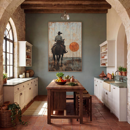 Cowboy Beneath Orange Sun Rustic wall art in a rustic western-style room – cowboy in a wide-brim hat on a dark horse