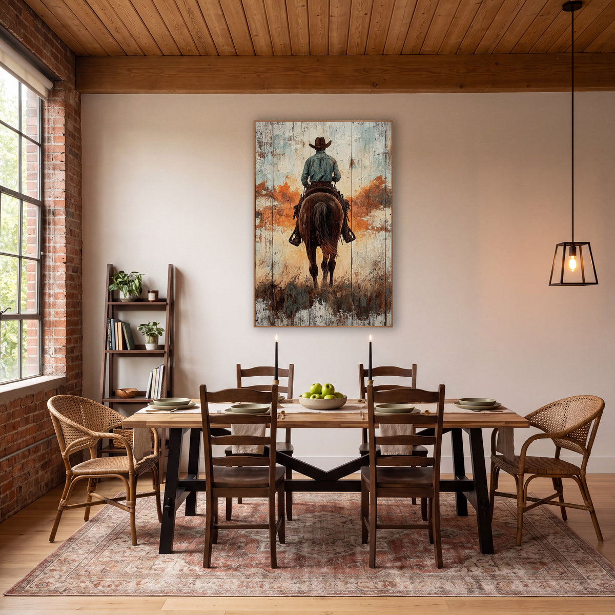 Cowboy Amber Cloudscape Plank Style wall art in a rustic western-style room – cowboy in brown hat and teal shirt