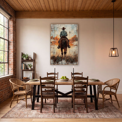 Cowboy Amber Cloudscape Plank Style wall art in a rustic western-style room – cowboy in brown hat and teal shirt