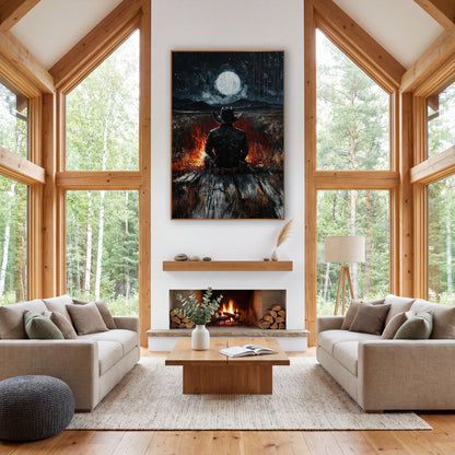 Lone Cowboy Moonlit Campfire Western wall art in a rustic western-style room – cowboy in a wide-brim hat seen