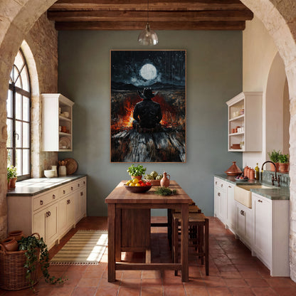 Lone Cowboy Moonlit Campfire Western wall art in a rustic western-style room – cowboy in a wide-brim hat seen
