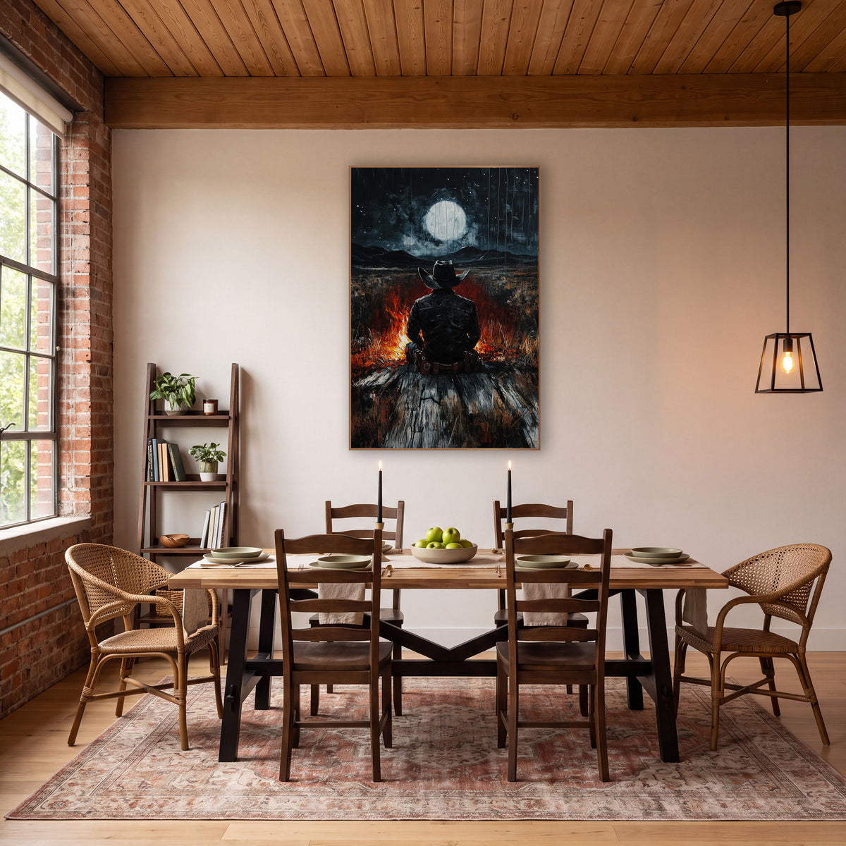Lone Cowboy Moonlit Campfire Western wall art in a rustic western-style room – cowboy in a wide-brim hat seen