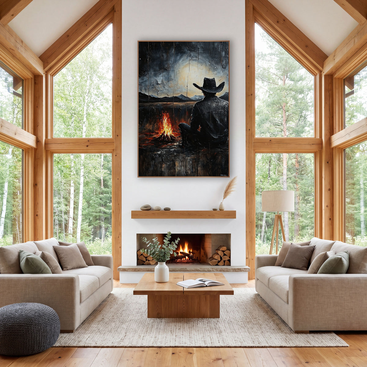 Lone Cowboy Campfire Western Night wall art in a rustic western-style room – cowboy in black hat seen from behind