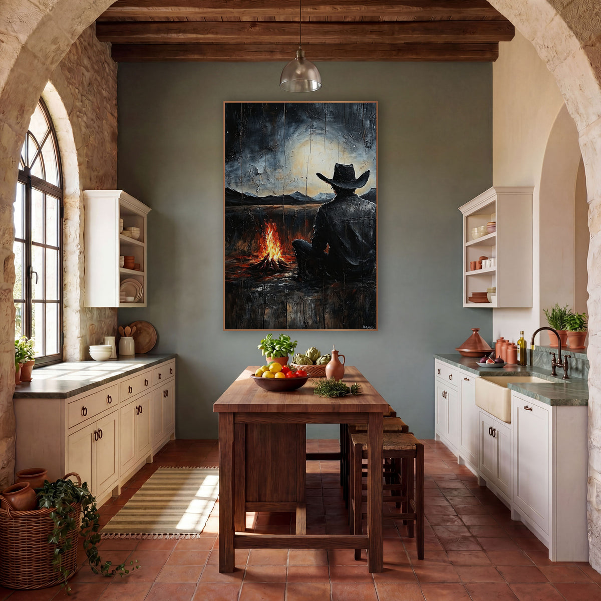 Lone Cowboy Campfire Western Night wall art in a rustic western-style room – cowboy in black hat seen from behind