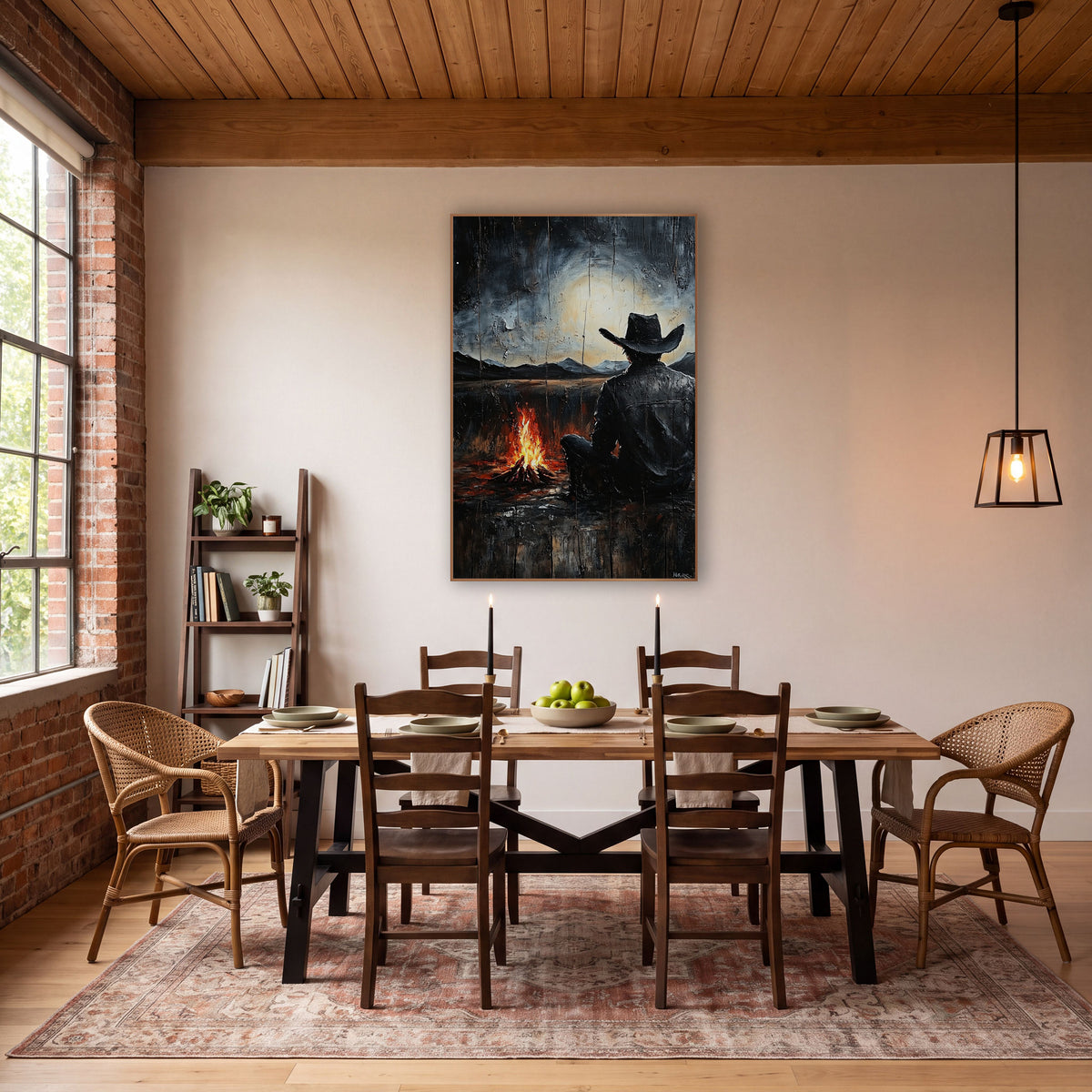 Lone Cowboy Campfire Western Night wall art in a rustic western-style room – cowboy in black hat seen from behind
