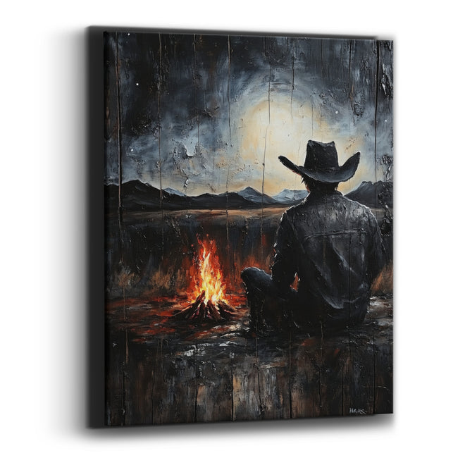 Lone Cowboy Campfire Western Night Canvas Wall Art