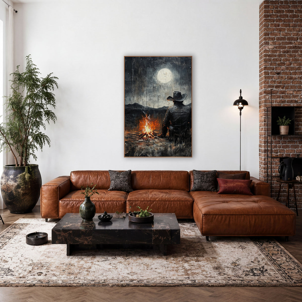 Lone Cowboy Campfire Moonlit Western wall art in a rustic western-style room – cowboy in hat seen from behind, sitting