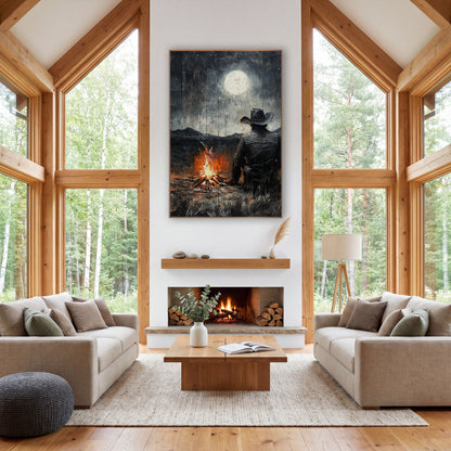 Lone Cowboy Campfire Moonlit Western wall art in a rustic western-style room – cowboy in hat seen from behind, sitting