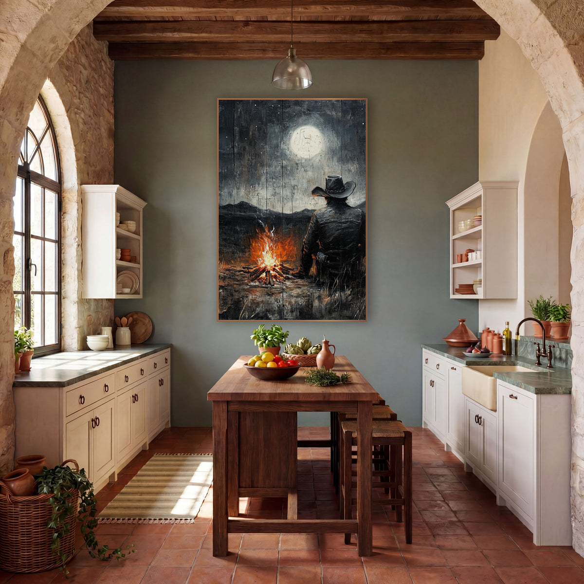 Lone Cowboy Campfire Moonlit Western wall art in a rustic western-style room – cowboy in hat seen from behind, sitting