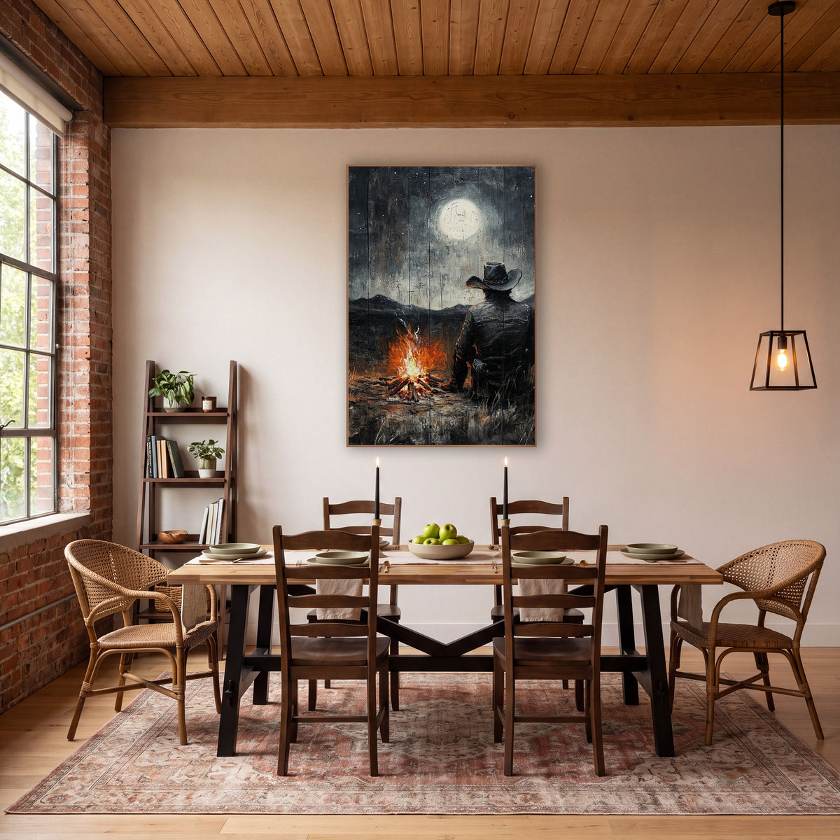 Lone Cowboy Campfire Moonlit Western wall art in a rustic western-style room – cowboy in hat seen from behind, sitting