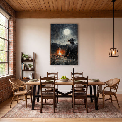 Lone Cowboy Campfire Moonlit Western wall art in a rustic western-style room – cowboy in hat seen from behind, sitting