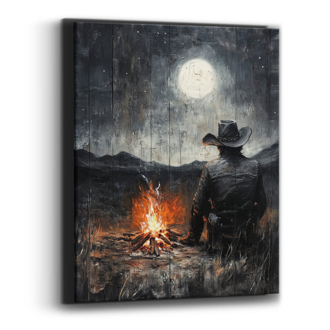 Lone Cowboy Campfire Moonlit Western Canvas Wall Art