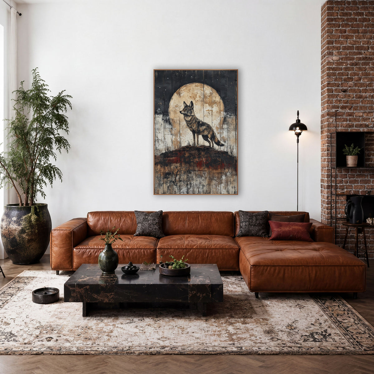 Coyote Full Moon Weathered Plank wall art in a rustic western-style room – lone coyote standing on a rust-red ridge