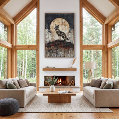 Coyote Full Moon Weathered Plank wall art in a rustic western-style room – lone coyote standing on a rust-red ridge