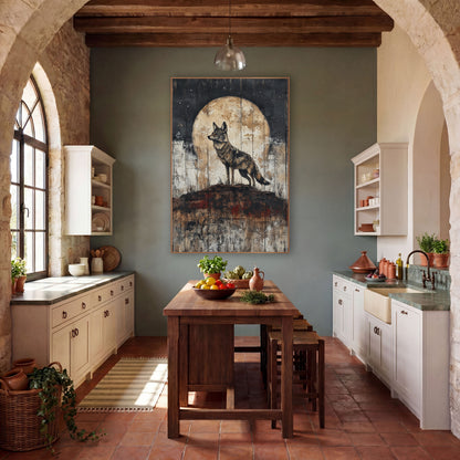 Coyote Full Moon Weathered Plank wall art in a rustic western-style room – lone coyote standing on a rust-red ridge