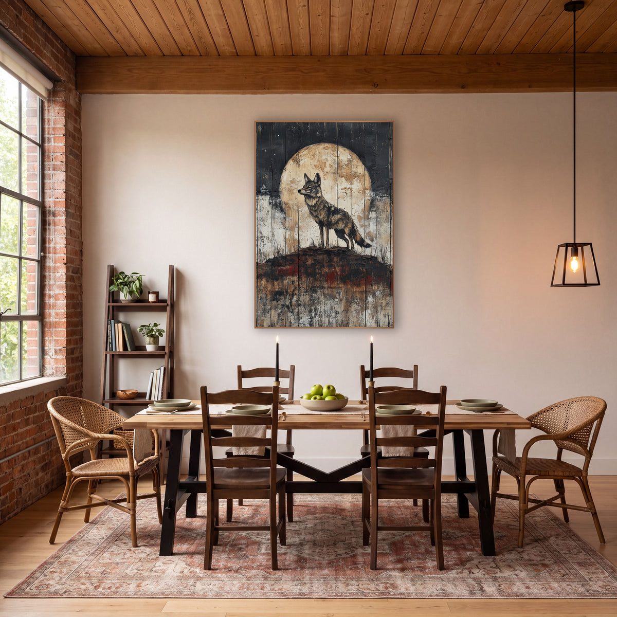 Coyote Full Moon Weathered Plank wall art in a rustic western-style room – lone coyote standing on a rust-red ridge