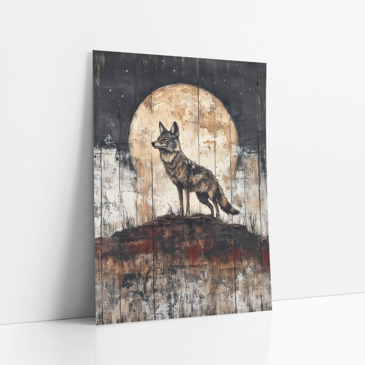 Coyote Full Moon Weathered Plank art print leaning against a white wall – lone coyote standing on a rust-red ridge before