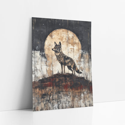Coyote Full Moon Weathered Plank art print leaning against a white wall – lone coyote standing on a rust-red ridge before