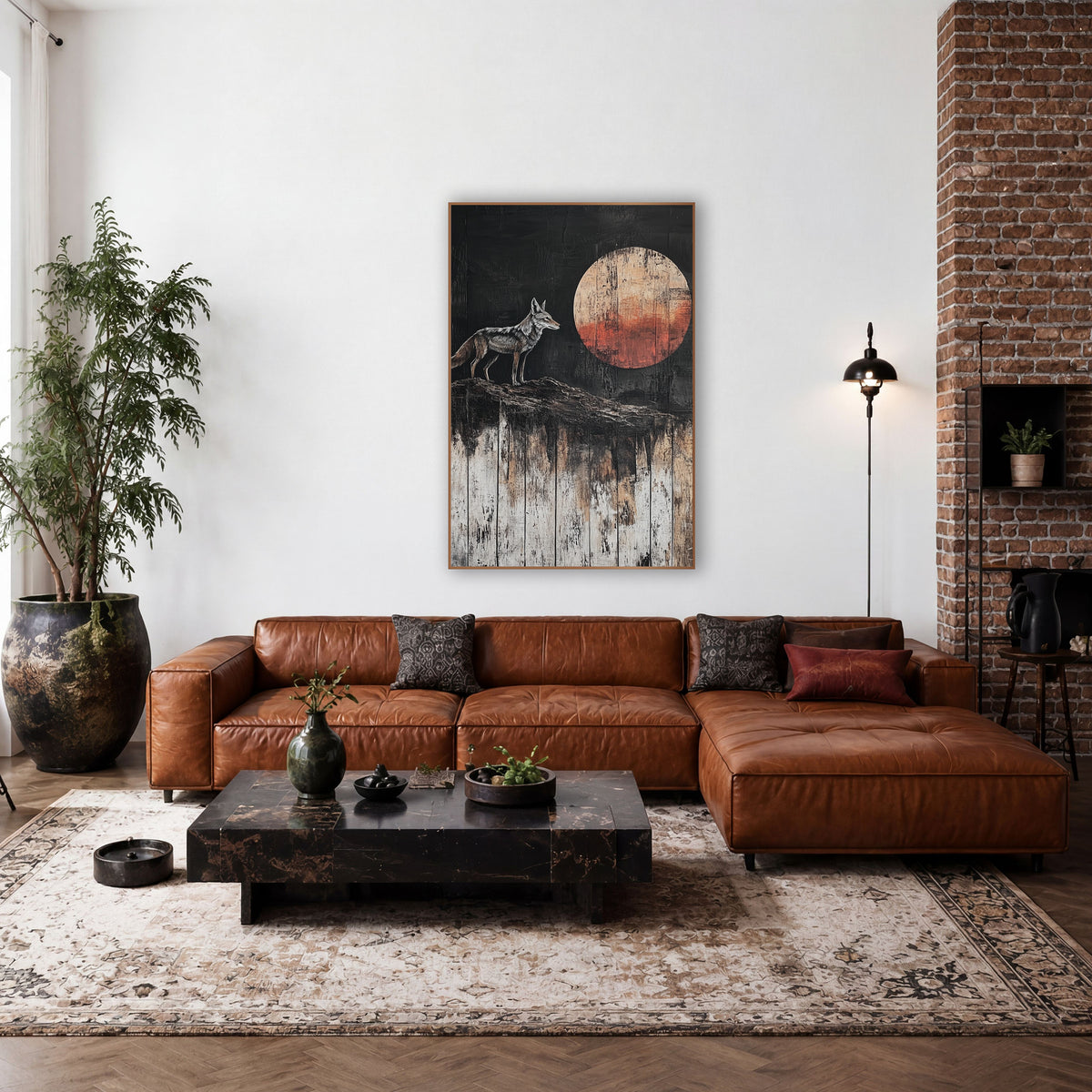 Lone Coyote Rust Moon Western wall art in a rustic western-style room – gray and tan coyote standing on a ridge facing