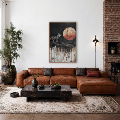 Lone Coyote Rust Moon Western wall art in a rustic western-style room – gray and tan coyote standing on a ridge facing
