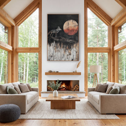 Lone Coyote Rust Moon Western wall art in a rustic western-style room – gray and tan coyote standing on a ridge facing