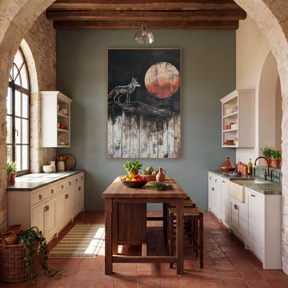 Lone Coyote Rust Moon Western wall art in a rustic western-style room – gray and tan coyote standing on a ridge facing