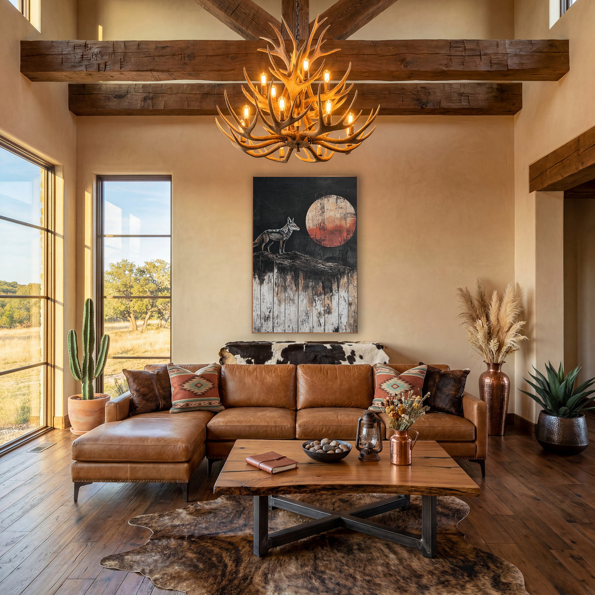 Lone Coyote Rust Moon Western wall art in a rustic western-style room – gray and tan coyote standing on a ridge facing