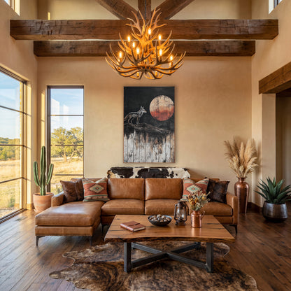 Lone Coyote Rust Moon Western wall art in a rustic western-style room – gray and tan coyote standing on a ridge facing
