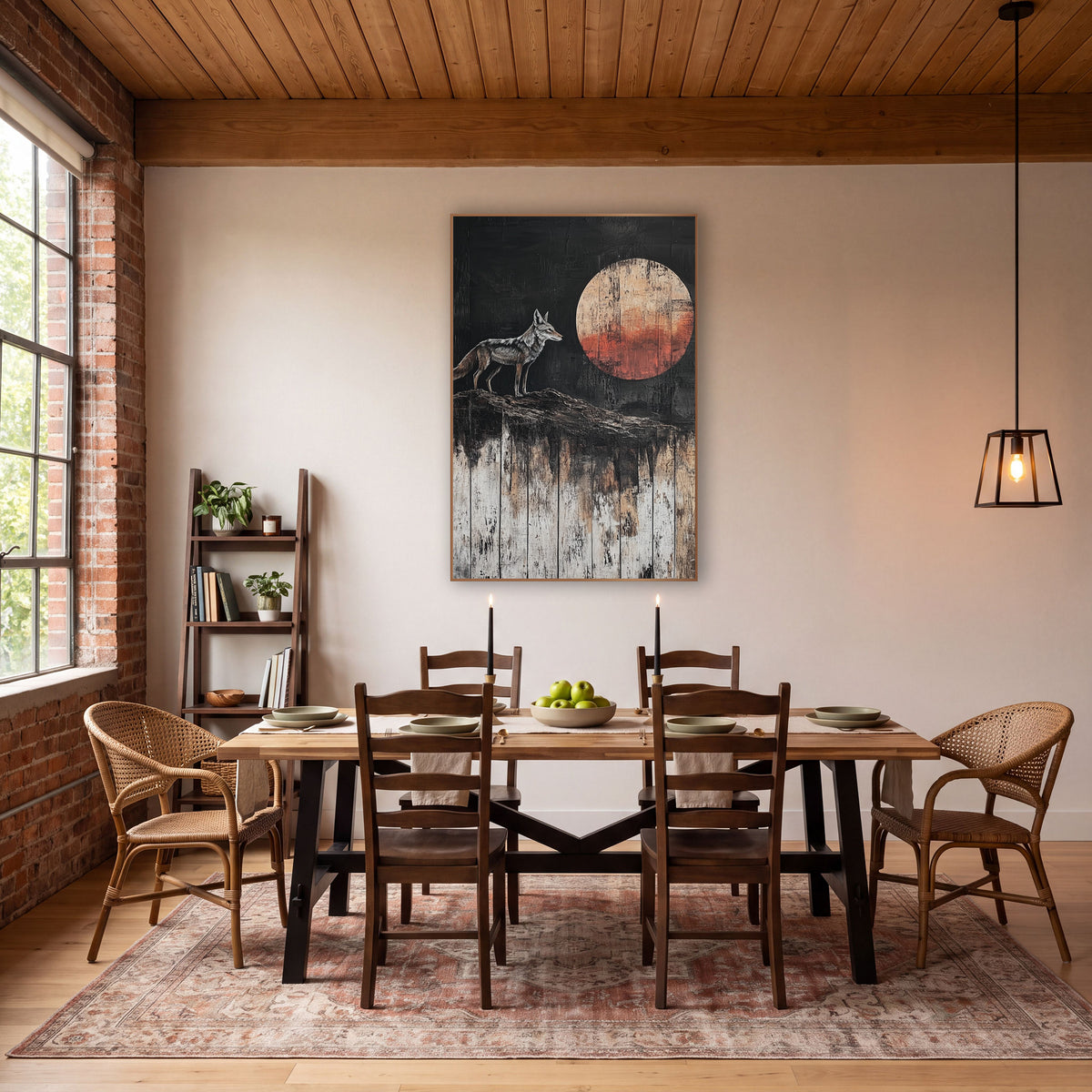 Lone Coyote Rust Moon Western wall art in a rustic western-style room – gray and tan coyote standing on a ridge facing