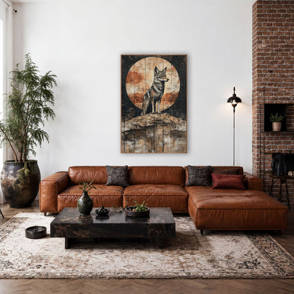 Coyote Rust Moon Starry Western wall art in a rustic western-style room – gray coyote standing on a rocky ridge before