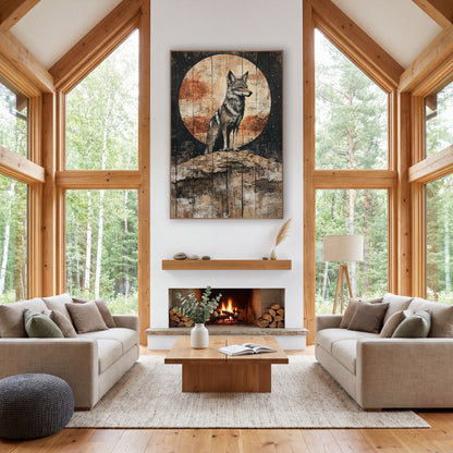 Coyote Rust Moon Starry Western wall art in a rustic western-style room – gray coyote standing on a rocky ridge before