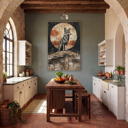 Coyote Rust Moon Starry Western wall art in a rustic western-style room – gray coyote standing on a rocky ridge before